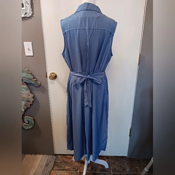 Grace Karin Classic Button Down Collared Sleeveless Maxi Dress XL Pockets Blue - Picture 5 of 8